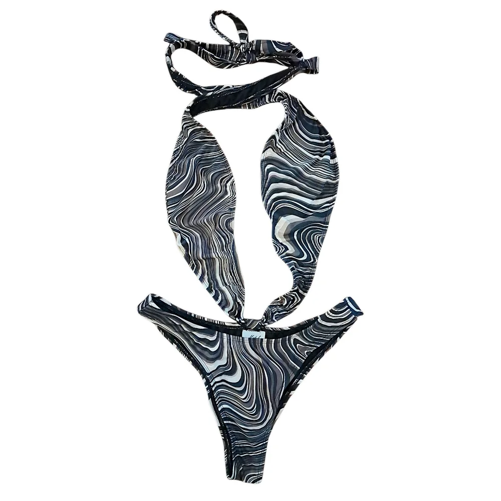 Motel Rocks 'Ricky' 70's Ripple Brown Swirl Swimsuit, Small, Brown/Black/Cream